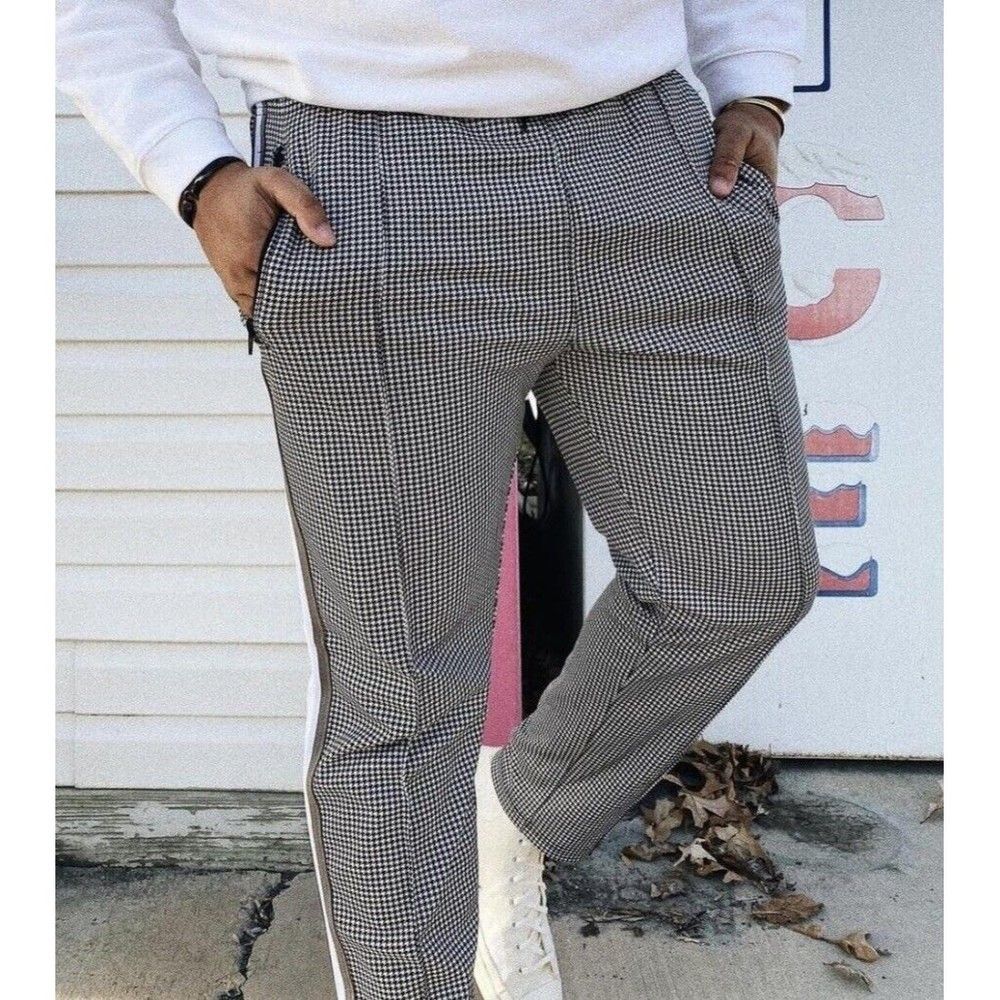 Urban Outfitters Plaid Houndstooth Black White Jogger Pants Mens Medium NWOT
